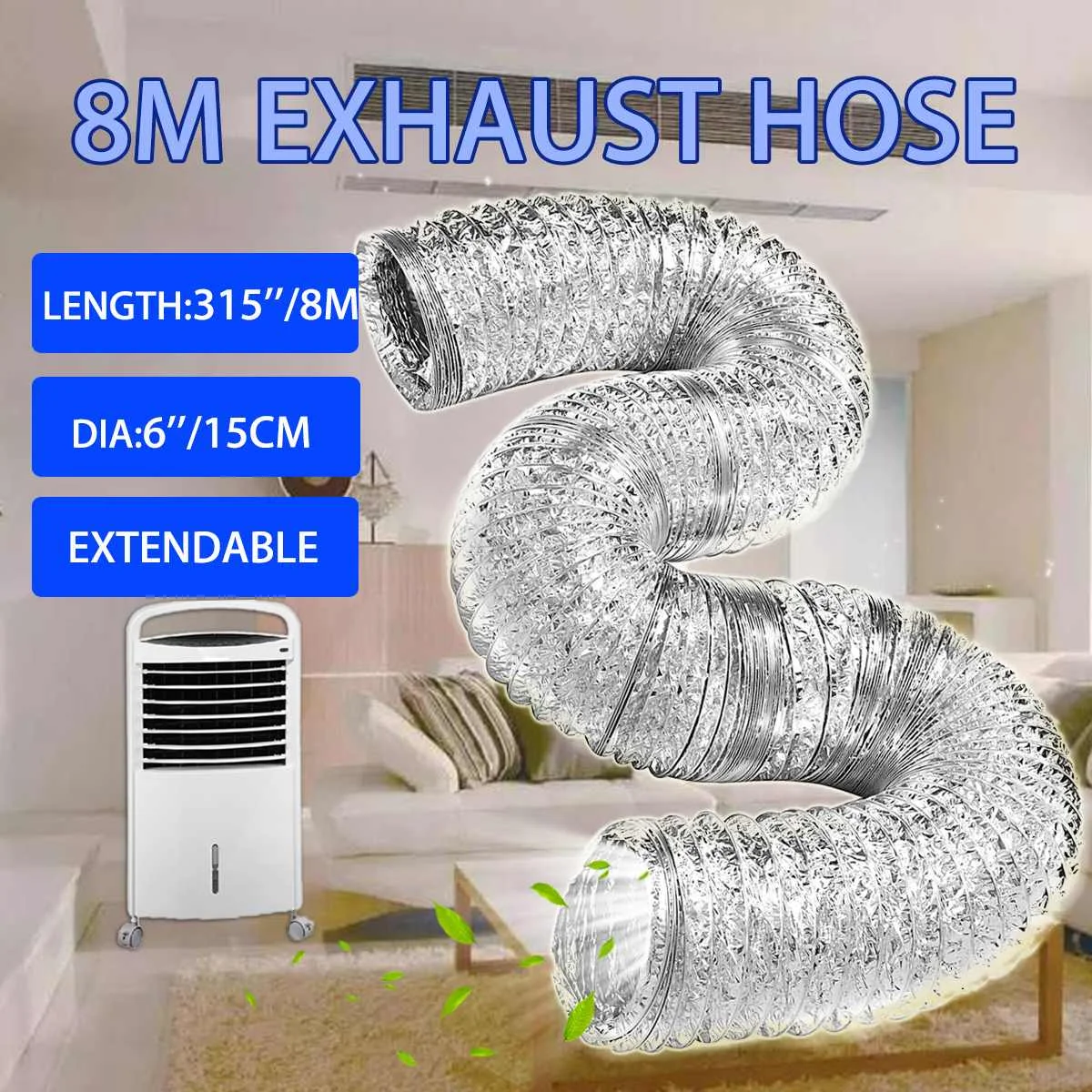 

NEW 8M Flexible Exhaust Hose Tube Mobile Air Conditioner Window Vent Pipe 15cm Dia