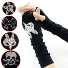 Новые мотивы из мультфильма митенки без пальцев хрустальный череп зимние перчатки женские теплые вязаные бриллианты блестки Классные удобные