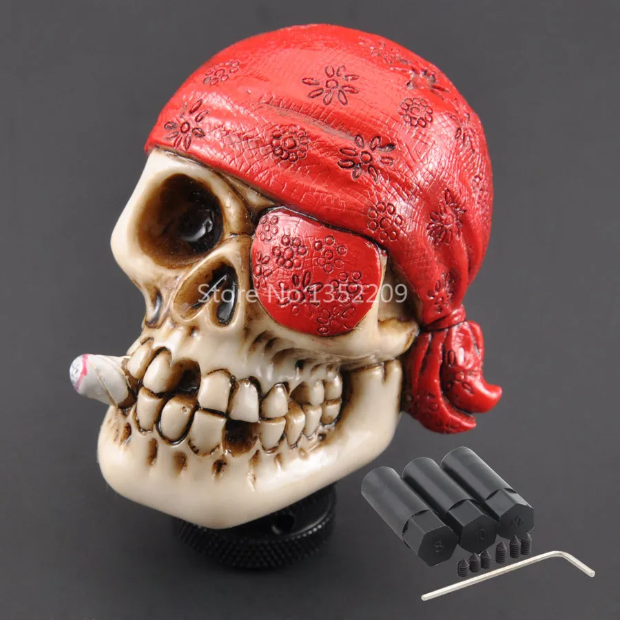 

Modified Custom Manual Red Headscarf One-eyed Pirate Skull Gear Shift Knob Universal Fit for Car BMW Toyota Honda Trucks NEW