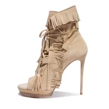 Hot Selling Beige Suede Tassel Ankle Boots Peep Toe Fringe Lace-up Runway Bootie High Heels Cut-out Thin Heels Platform Shoes цена Hot Selling Beige Suede Tassel Ankle Boots Peep Toe Fringe Lace-up Runway Bootie High Heels Cut-out Thin Heels Platform Shoes цены онлайн