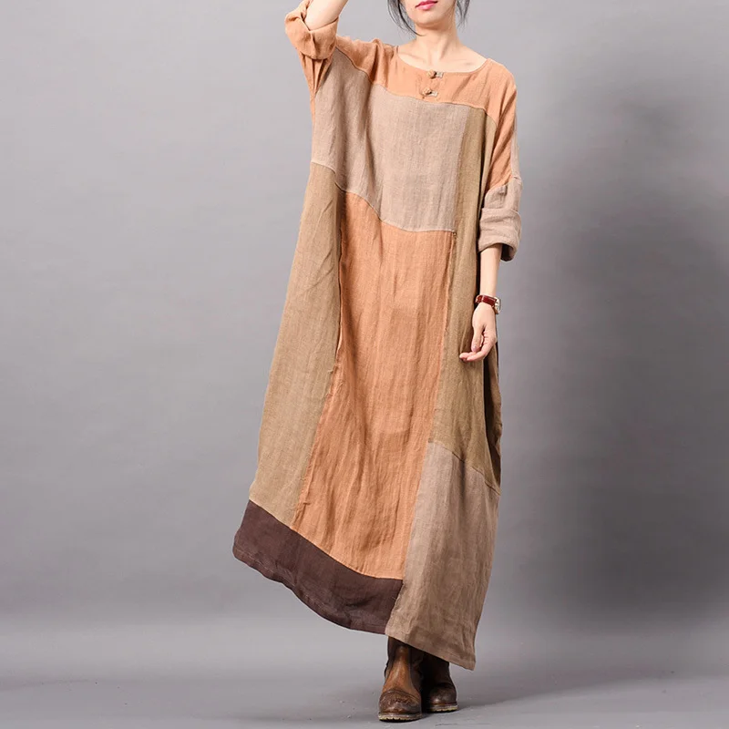 Cotton Linen Dress For Women Patchwork Long Sleeve Button 2019 Spring New Vintage Robes Plus Size Women Dresses Cotton Linen Dress For Women Patchwork Long Sleeve Button 2019 Spring New Vintage Robes Plus Size Women Dresses