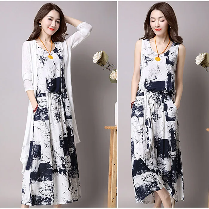 

Women 2 Pcs Long Sleeveless Dress+Cardigan Clothing Sets Print Soft Cotton Linen Suits Plus Size IK88