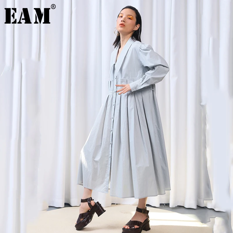 

[EAM] 2019 New Autumn Winter Lapel Long Sleeve Pleated Split Joint Loose Big Size Temperament Shirt Dress Women Fashion JU088