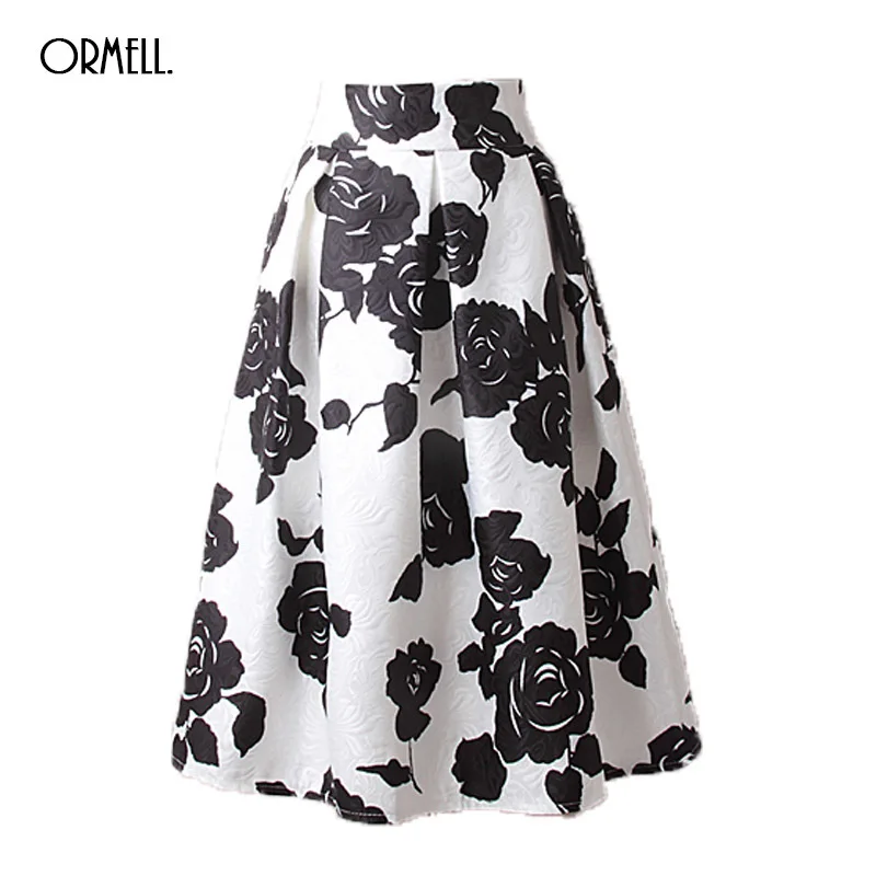 

ORMELL High Waist Elastic Slim Office Ladies Skirts Women Summer Skirt 2019 White Flower Knee Length A Ling Skirt