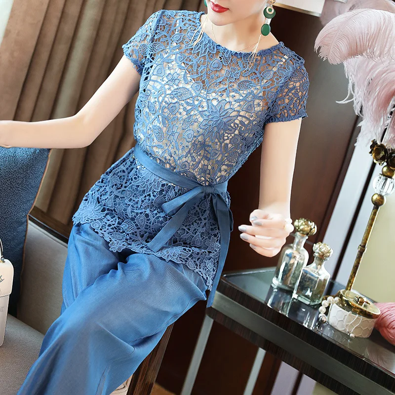 

2019 spring and summer lace short-sleeved shirt and Tencel slim wide-legged pants two-piece women's set summer T6193