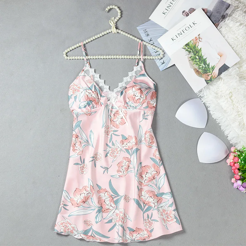

Lisacmvpnel Lace Sexy Woman Printing Nightdress Silk Camisole Nightgown Ice Silk Removable Chest Pad Lingerie