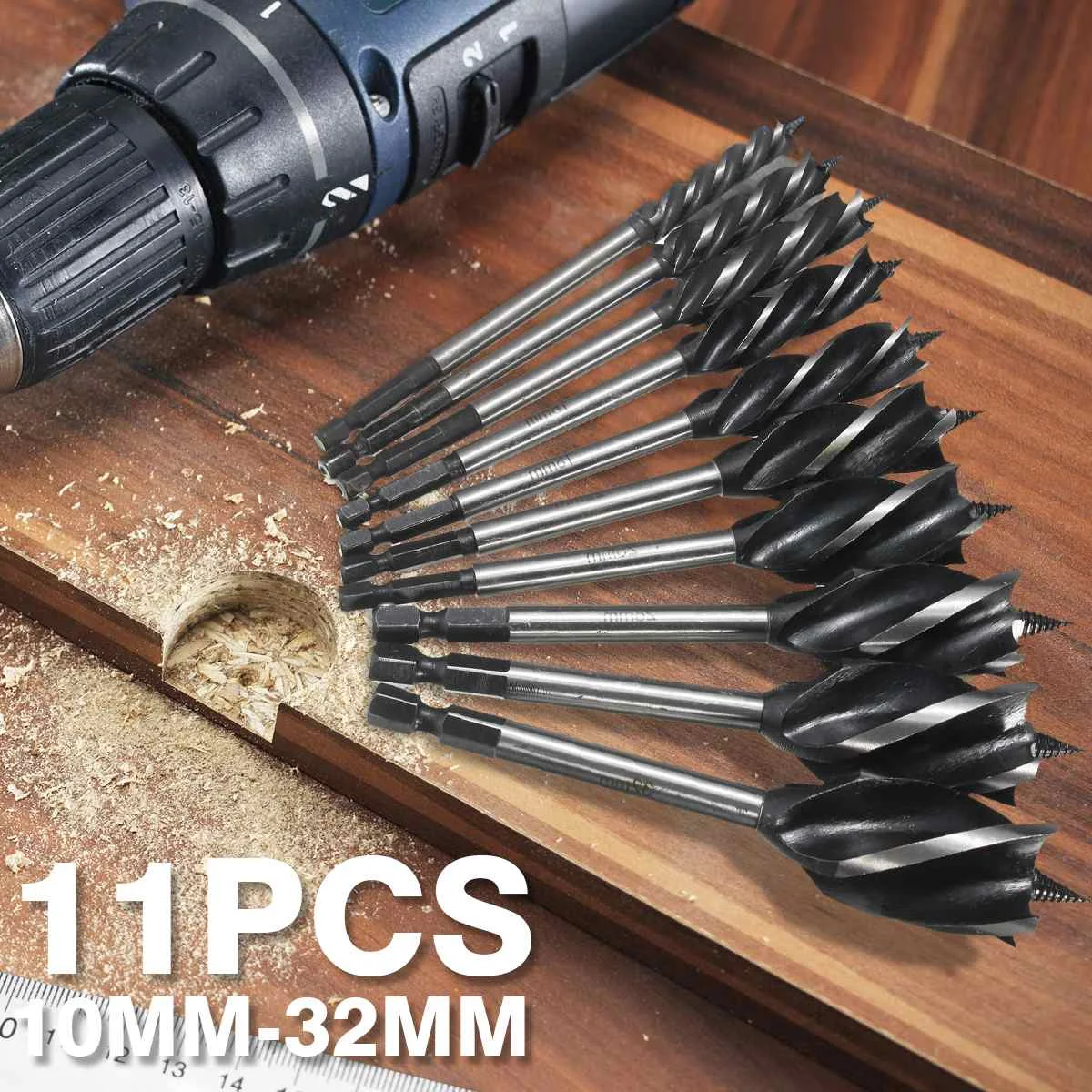 

11pcs 10-32mm HCS Drill Bit High-Carbon Steel 4 Cutters Reamer Wood Fast Cut Auger Drill Bit Carpenter Hole Saw Tool