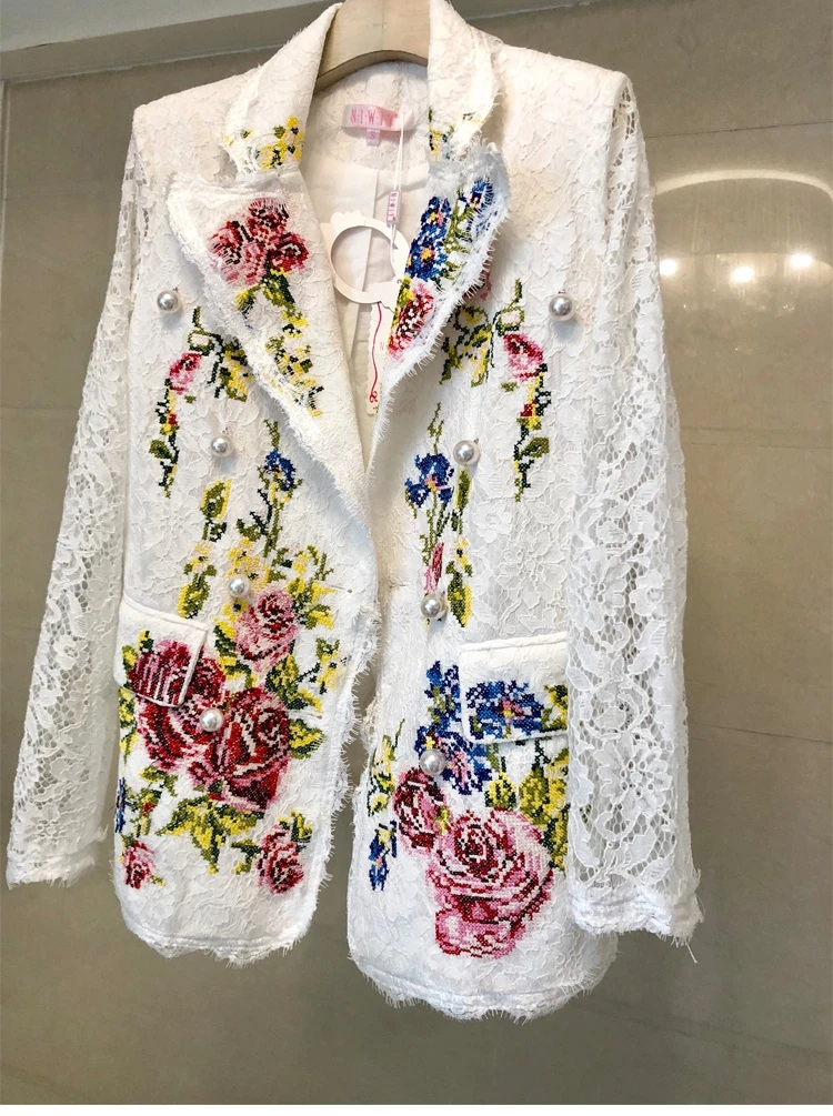 2019 Autumn White Lace Blazer Women Long Sleeve Flower Embroidery Pearls Notched Blazer  OL Work Suit Jacket Coat Outerwear