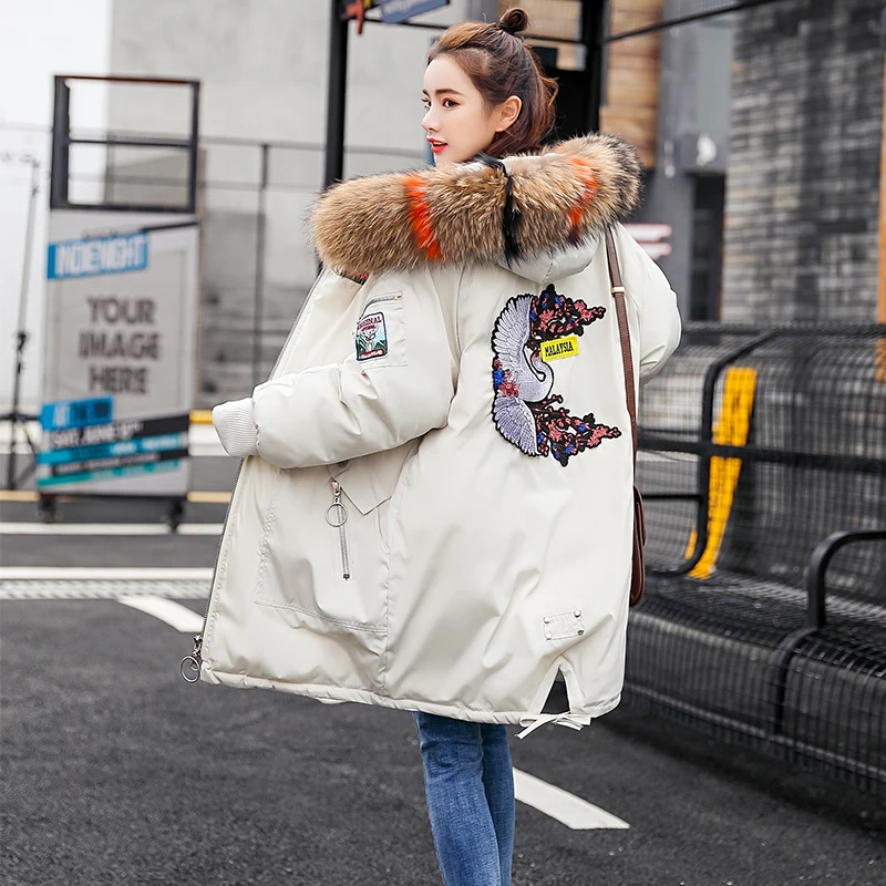 

Winter Coat 2018 New Womens Winter Jackets Medium Length Thicken Slim Fashion Printing Hooded Big Fur Collar Female Parkas S282