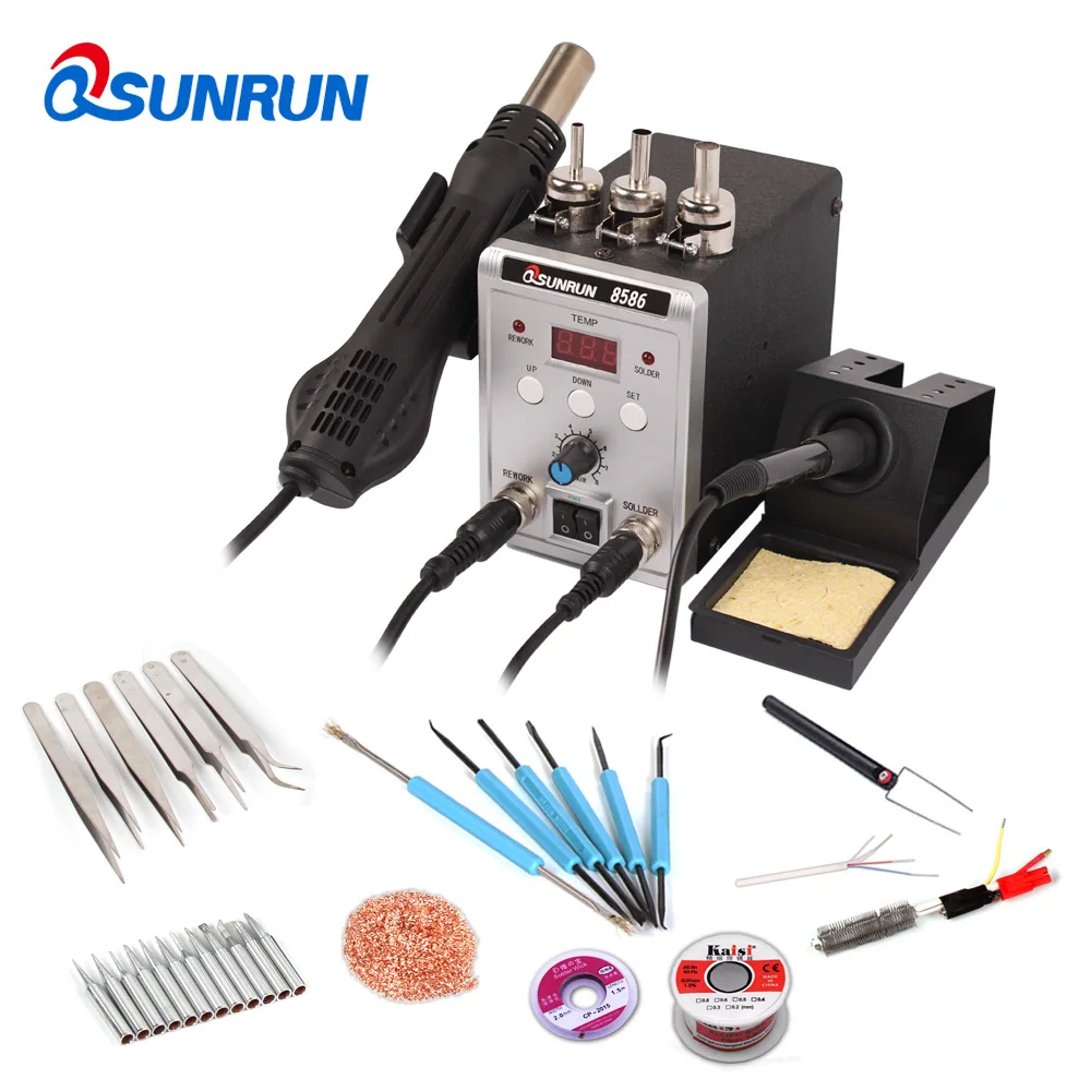 

8586 700W 110V/220V 700W Qsunrun 2-in-1 SMD Rework Soldering Station, Welding Soldering Iron Set PCB BGA Repair Desoldering Tool