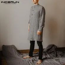 Мужская рубашка Индийская полосатая с длинным рукавом Повседневные мужские топы исламский мусульманский Арабский Кафтан длинная рубашка Пижама Camisa