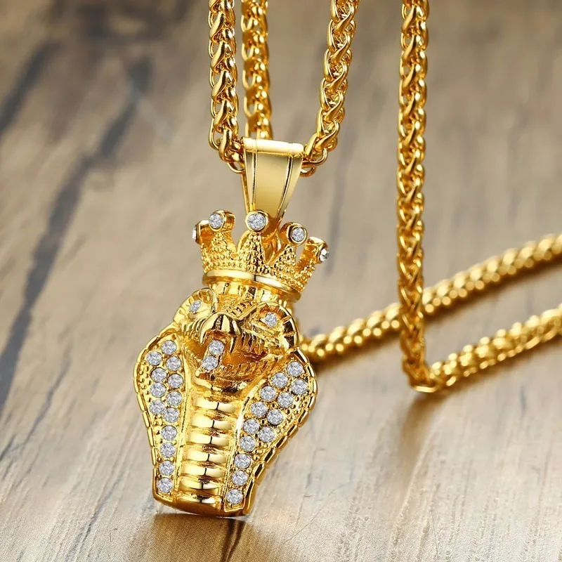 

Vnox Rock Gold Tone Cobra Pendant with AAA CZ Stones Snake Necklaces for Men Hip Hop Street Wear Jewelry 24" Wheat Chain
