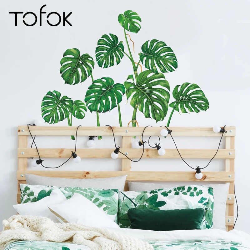 

Tofok Cartoon Green Leaves Wall Sticker Pastoral Style Plants Living Room Kids Room Mural Decals Coffee Store Hotel Art Decor