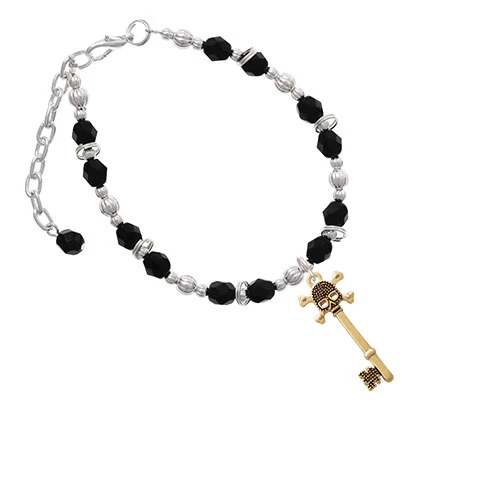 Goldtone Antiqued Beaded Skull Key Black Bracelet |