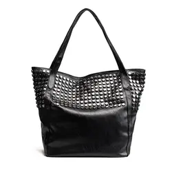 Большая сумка для женщин Лето шоппер сумка с заклепками большой ёмкость из мягкой кожи повседневное черная женская сумка