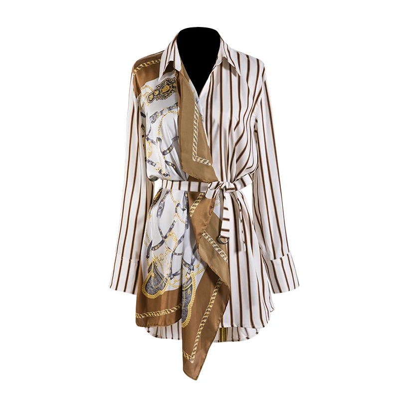 

[EWQ] 219 New Spring Fashion Women Clothing Printing Split Joint Striped Patchwork Shirt BLOUSE Sashes Female Vestido WD85204L