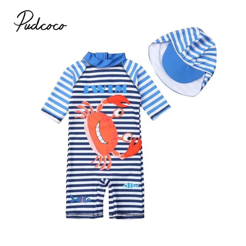 

2019 Brand Kids Baby Girls Boy Swimwear Summer Cute Crab Zipper Romper Jumpsuit Swimming With Cap Swimsuit Outfit Bathing 1-6Y