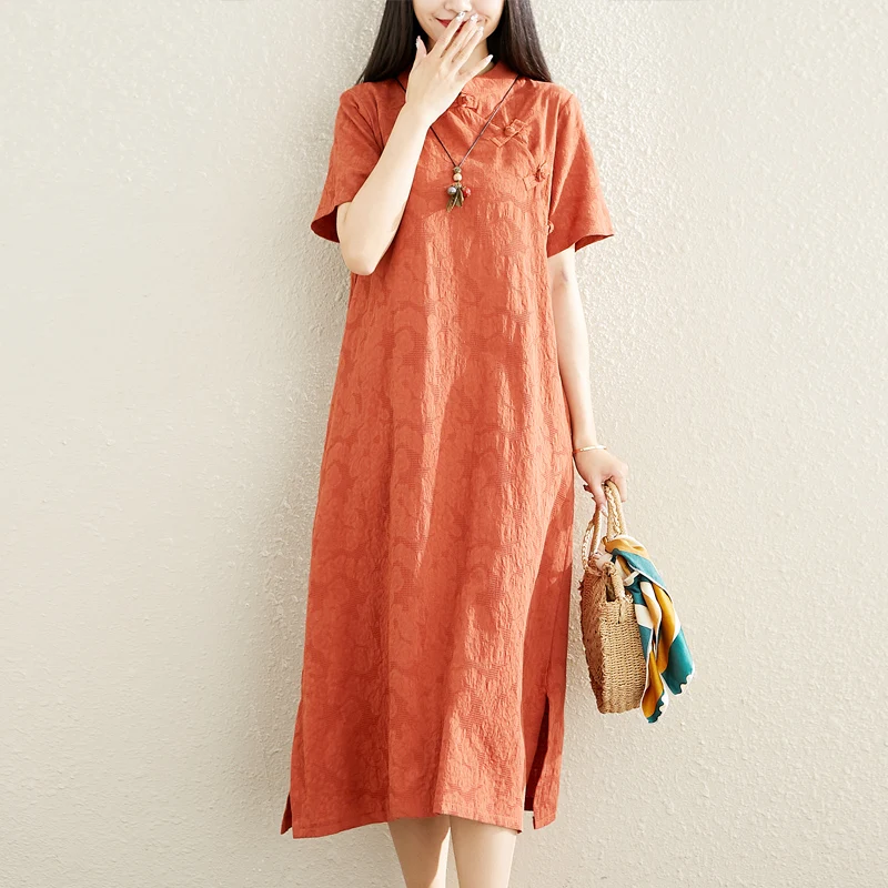 

Chinese Style Lady Vintage Qipao Dress Summer Women Short Sleeved Cotton and Linen Long Loose Dresses