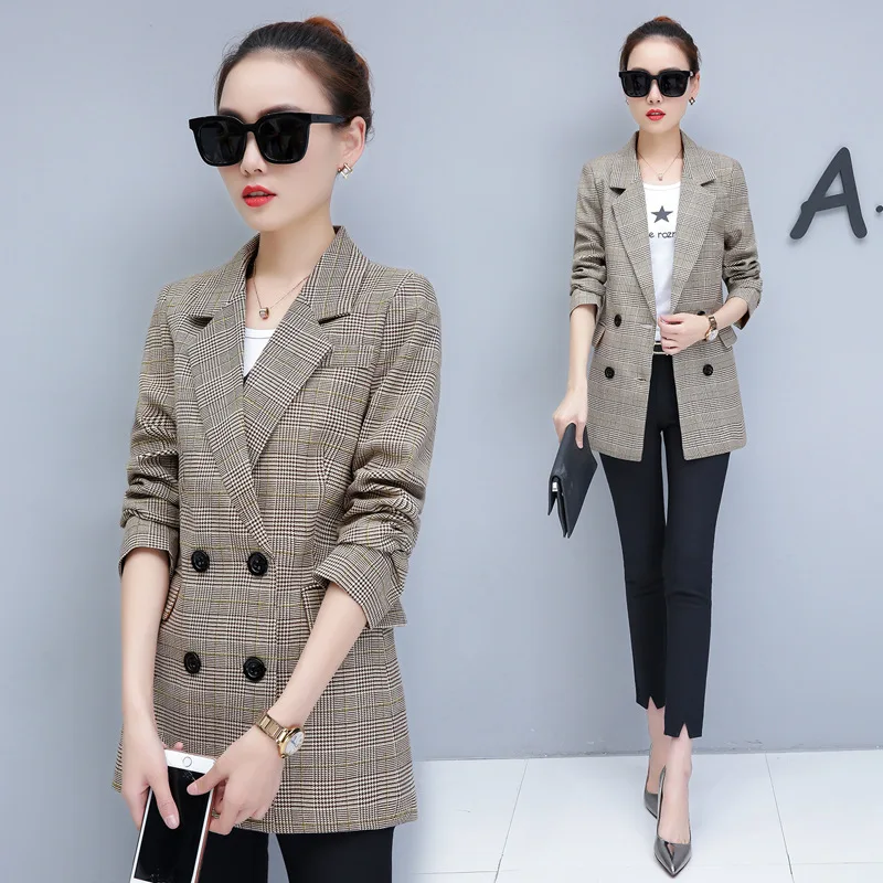 #0711 New 2019 Double Breasted Plaid Blazer Women Long