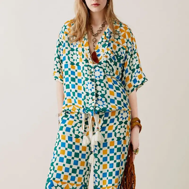 

Women Blouse Shirt Short Sleeve 2019 Summer New Fashion Geometric Prints Pattern Drawstring Lace Patchwork Female Casual Tops