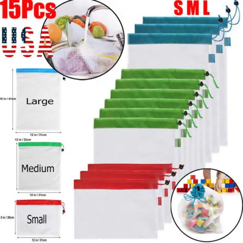 

15pcs Reusable Produce Mesh Bags Rope Vegetable Fruit Toy Storage Pouch 3 Sizes