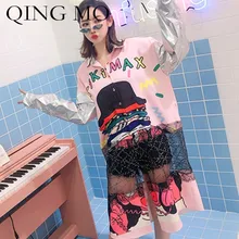 QING MO сетчатая Лоскутная рубашка женская розовая блузка с длинным