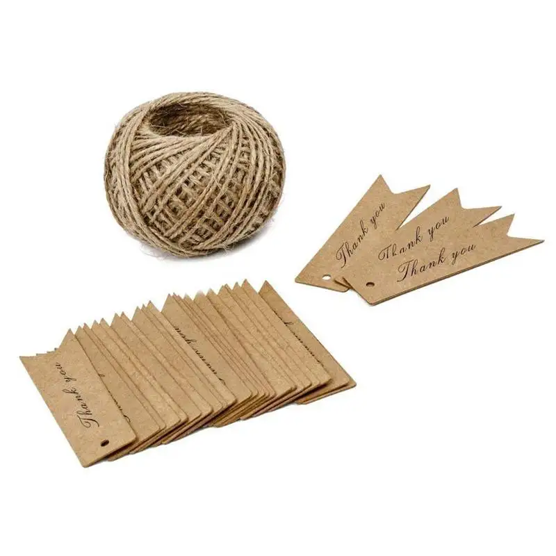 

100 pcs kraft paper labels tags 7 cm x 2 cm gift tag pendant tags with jute cord 30 meter (Thank You)