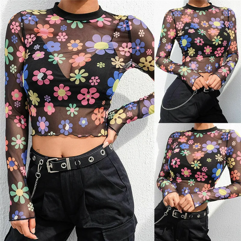 

Women's Sexy Black Perspective Mesh Perspective Cropped Top T-Shirt Club Short Sleeve T-Shirt Top