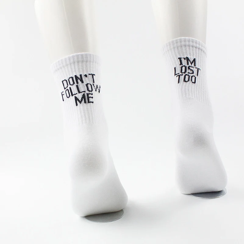 

Fashion Black White Cotton Letter Funny Socks Don't Follow Me I'm Lost too Creative Daily Unisex Women Men Casual Socks