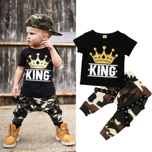 0-5T Toddler Kids Baby Boys Clothes Short Sleeve Tops T-shirt Camo Pants Outfits Set |