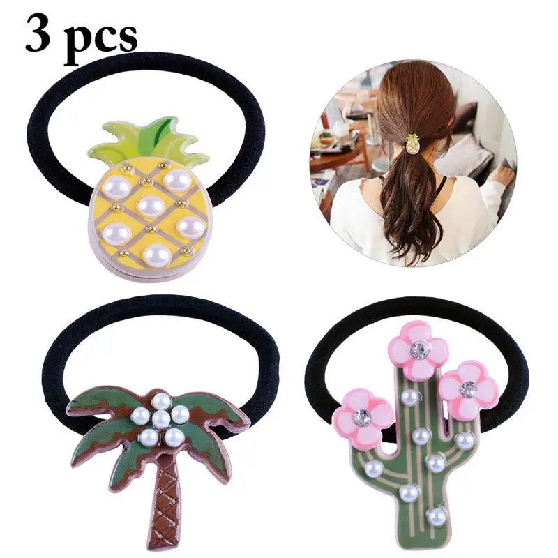 

3pcs Women Girls Lovely Elastic Headband Pineapple Coconut Tree Cactus Ponytail Holder Rubber Bands Hair Rope Hair Accessories
