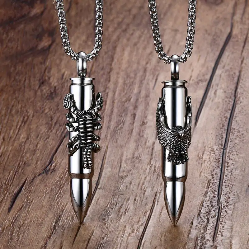 

Oxidized Silver Stainless Steel Men Necklace Animal Eagle Bullet Pendant Hawk Wing HIP Punk Biker Jewelry