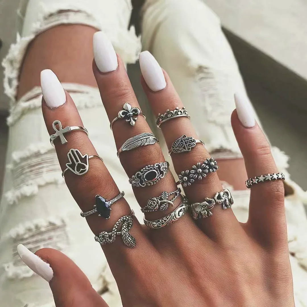 

14pcs/set Bohemian Vintage Midi Rings Set Hippie Style Antique Silver Elephant Snake Flower Leaves Gem Knuckle Ring For Women