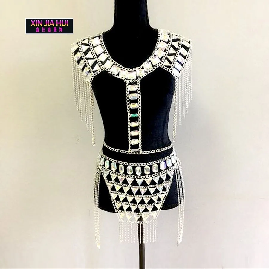 

Hollow Half-body Skirt Holographic Beyonce Pole Jazz Dance Costumes Clothing Rhinestone Bodysuit Singer Stage Sequin Outfit