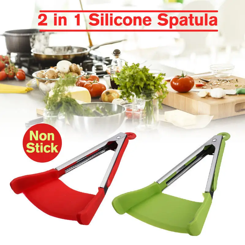 

Non-stick Stainless Steel Frame Heat-resistant 2in1 Silicone Spatula Tong