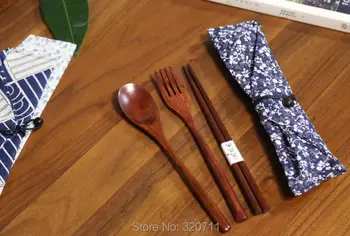 

100 Dinnerware Sets Japan and South Korea cutlery set Quality wooden cloth bag spoon fork chopsticks Sandalwood Free DHL