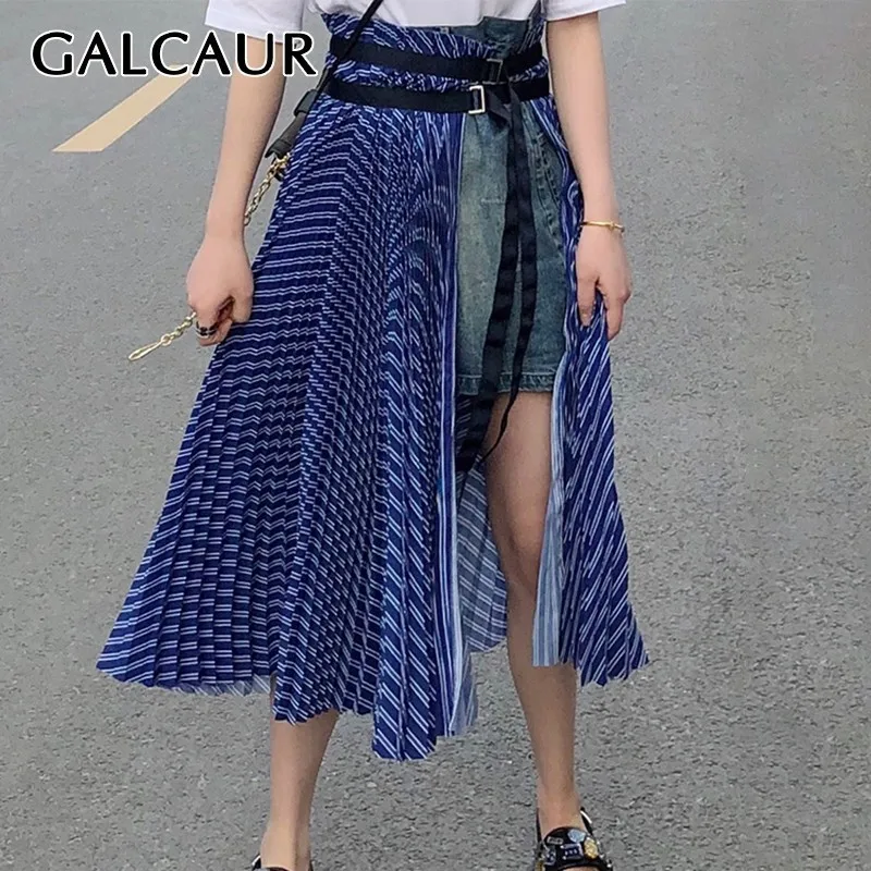 GALCAUR/полосатая джинсовая Лоскутная юбка для женщин плиссированные женские юбки