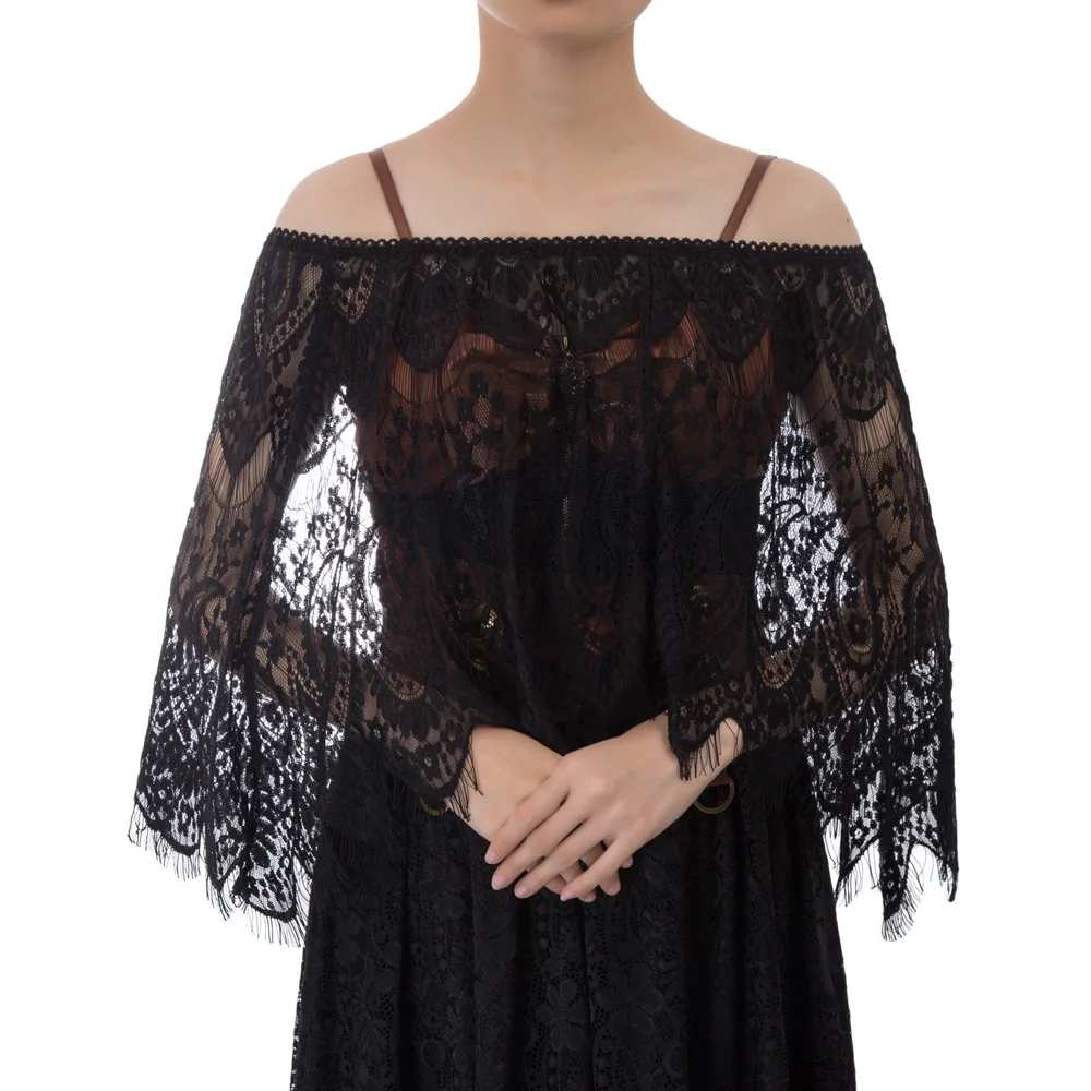 

gothic luxury party coat Women Retro Vintage jacket Boat Neck off shoulder See-Through Lace floral hollow Cape Evening lady tops