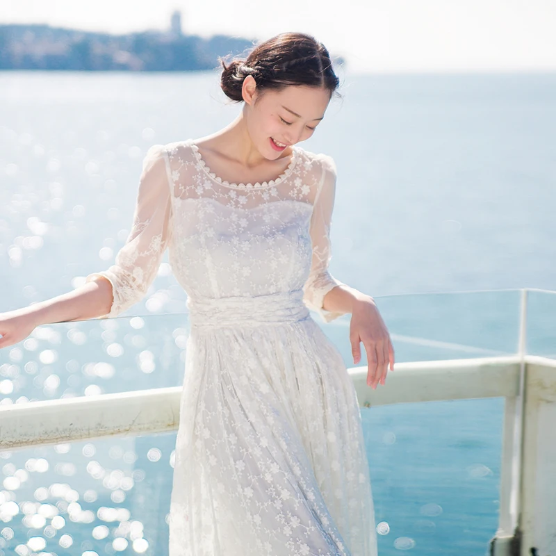 

2019 Summer Women Elegant O-neck 3/4 Sleeve White A-line Lace Dress Sexy Hollow Out Beach Party Dresses Vestidos