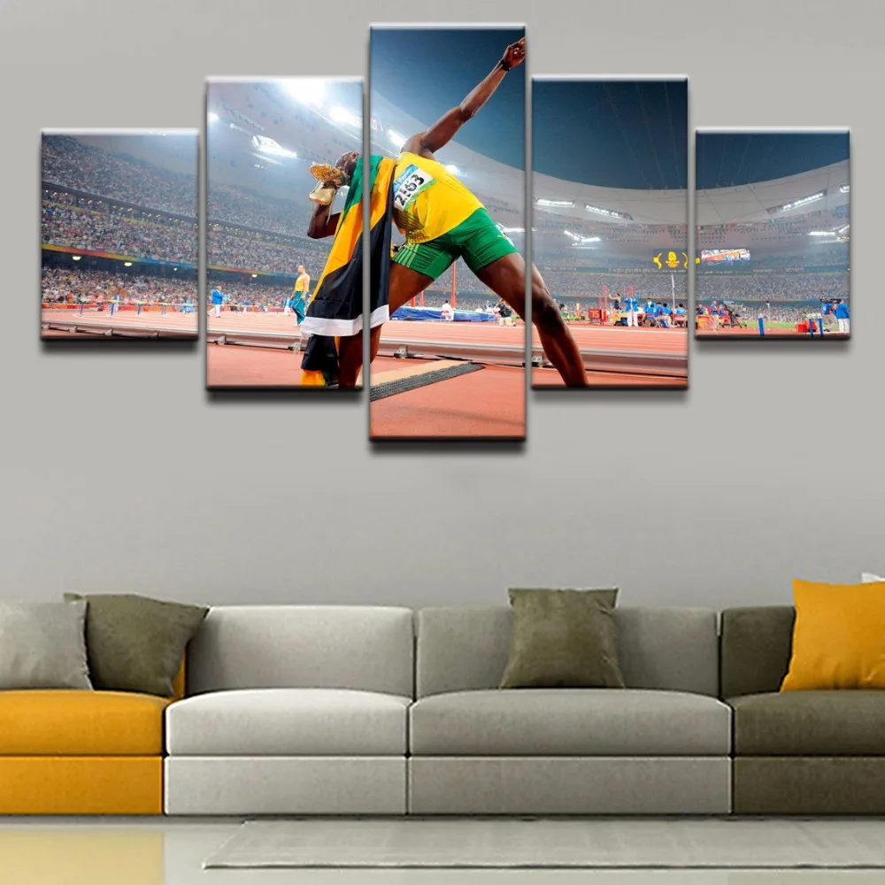 

Canvas Wall Art Printed Poster Modular Pictures Home Decoration Painting For Living Room 5 Panel Sports Usain Bolt Framework