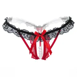 Сексуальные Bowknot Crotchless женские стринги кружевные стринги Faux трусики с жемчужинами трусы