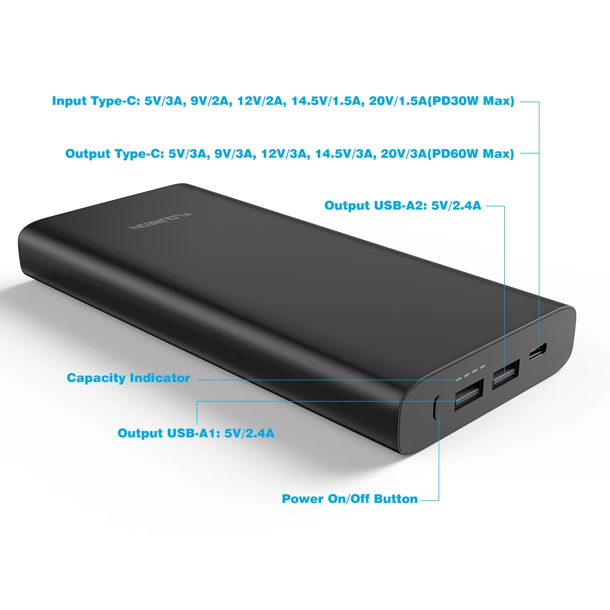 Floureon power Bank, 26800 мА/ч, быстрая зарядка, Тип C, PD, 60 Вт, внешний аккумулятор, двойной USB, быстрая зарядка, Внешнее зарядное устройство для iPhone X 8