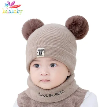 

Newborn Winter Knitted Warm Cap+Scarf Suit For Baby Double Fur Pom Toddler Kids Beanie Children Spring Autumn Cute Bonnet