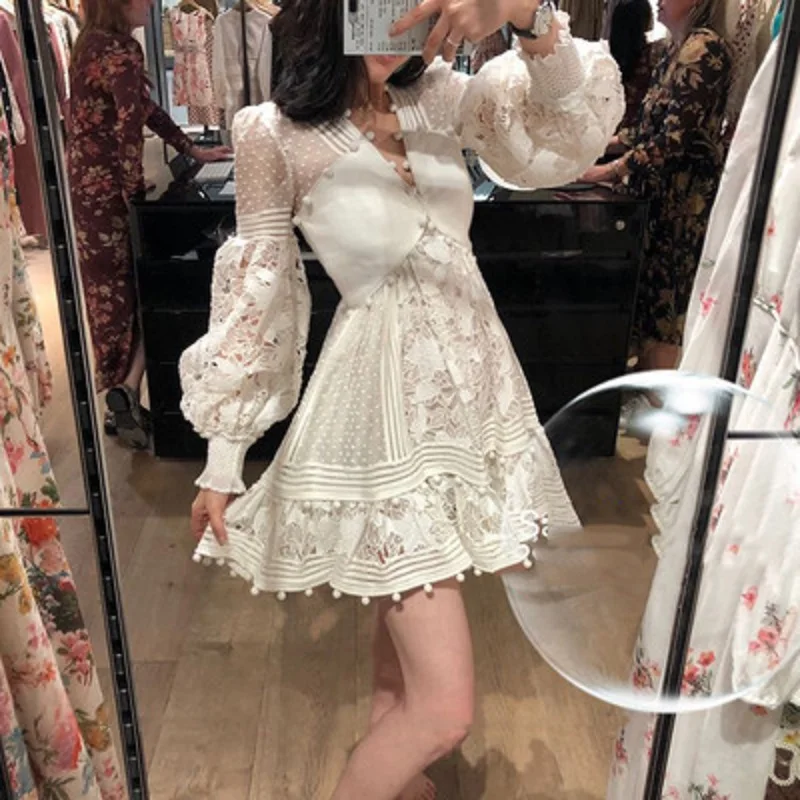 

2019 Summer High Quality Hollow Out Embroidery Lace Mini Bud Dresses Long Sleeve White V-Neck Women Clothes