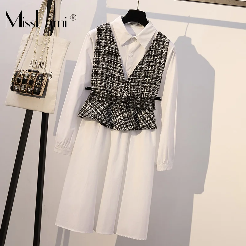 

XL-5XL Plus Size Long Sleeve White Shirt Dress and Tweed Plaid Vest Women Two Piece Dress Clothes 2019 Spring Ladies Dresses