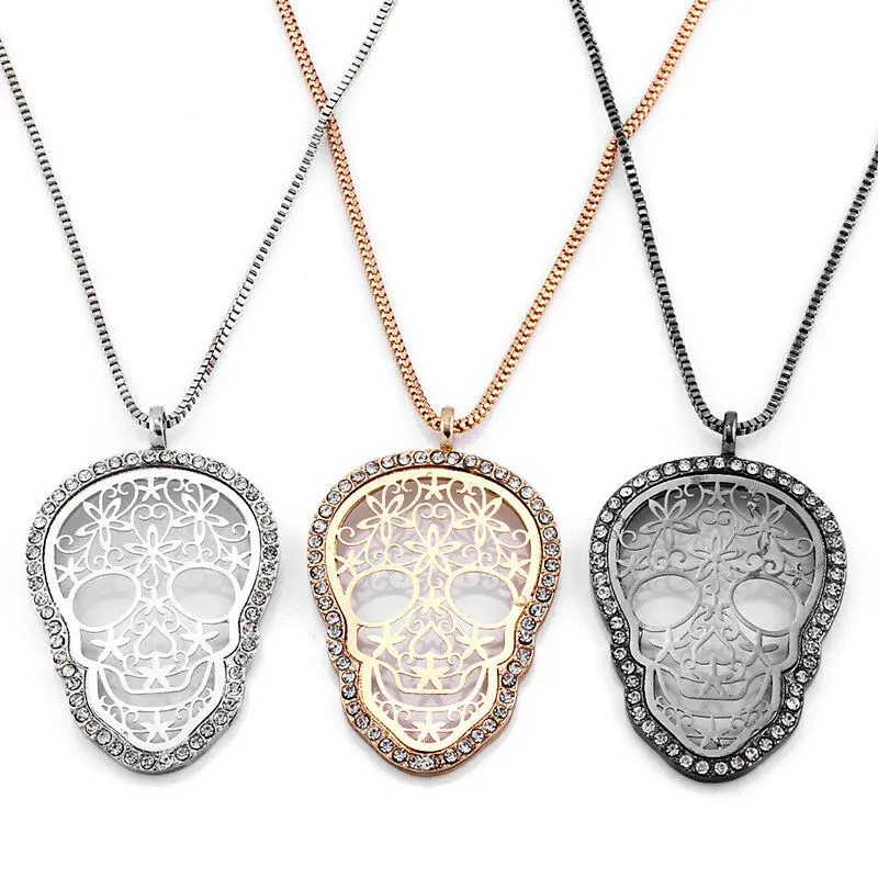 

Women Rhinestone Pendant Skull Skeleton Head Long Copper Sweater Chain Necklace Pendant Necklace Punk Jewelry