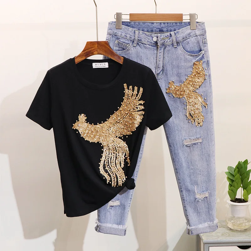 Pearls Gold Phoenix Sequin Women Jeans Set Black T Shirt