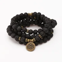 Bracelete de buda lotus mala, pulseira para mulheres e homens de 8mm, de pedra de rock de lava, pingente de pulseira ou colar de moda, 108 joias,