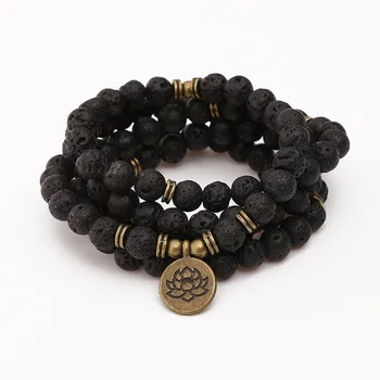 108 Beads Buddha Lotus Mala Bracelet for Women Men 8 mm Lava Rock Stone Strand Charm Bracelet or Necklace Fashion Jewelry