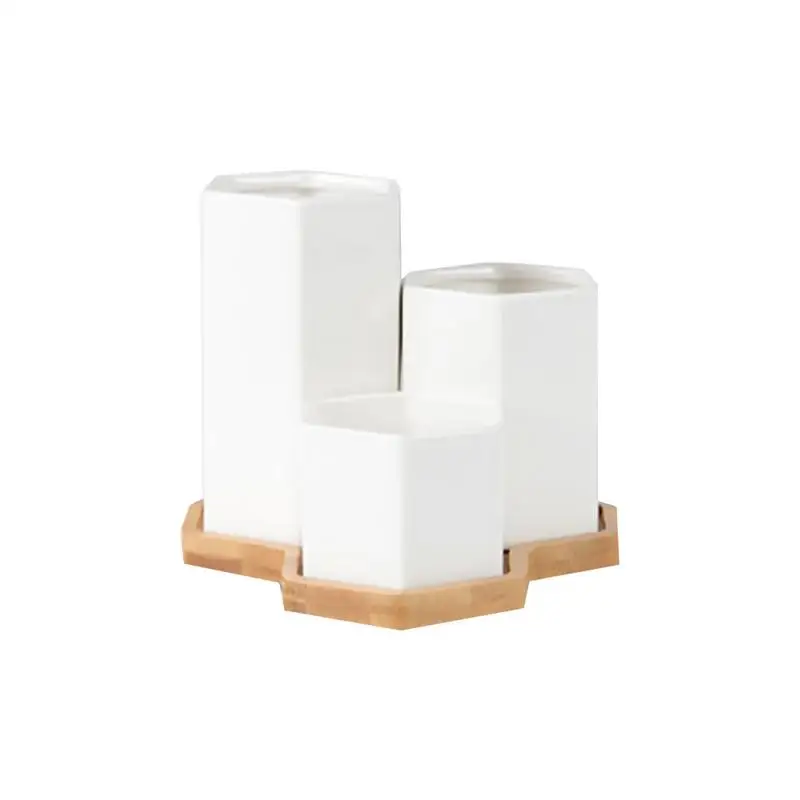 

Succulent Flower Pot Fleshy Plants Hexagonal Pottery Innovative White Ceramic Bonsai With Bamboo Tray Home Decoration
